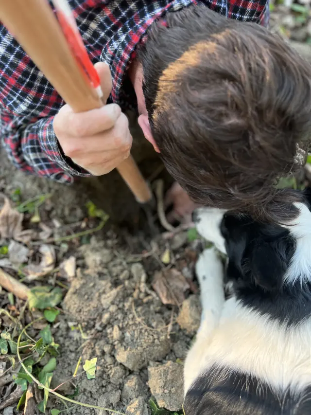 A truffle hunter leans towards his dog in the woods